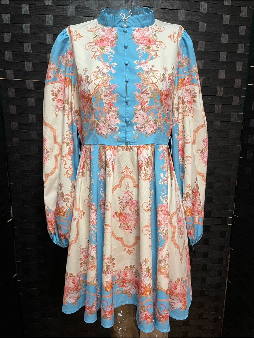 Baroque Floral Mock Neck Midi Dress - Pastel Placement Print Balloon Sleeve